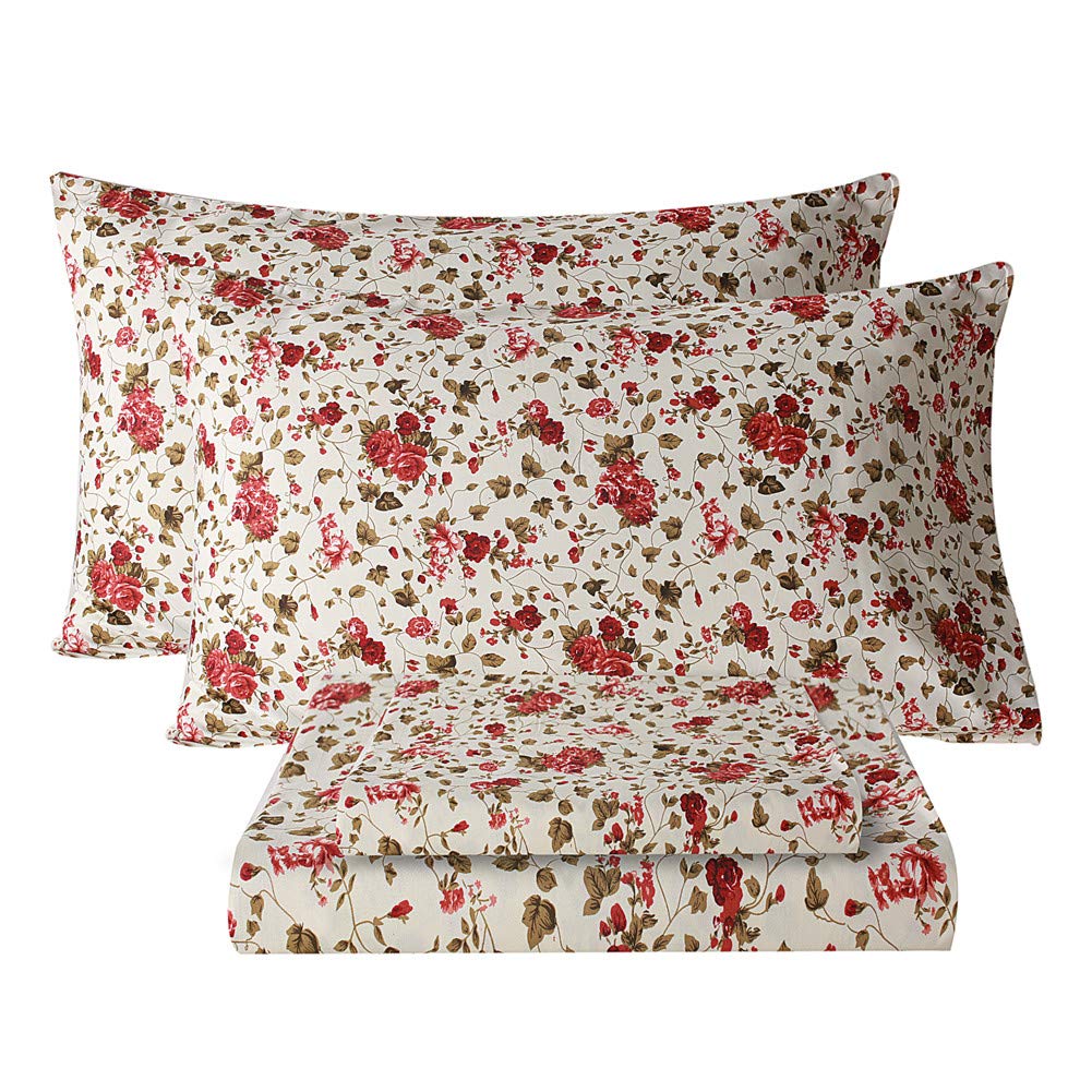 Bedlifes Full Sheet Set Floral Luxury Ultra Soft Wrinkle-Free Hypoallergenic Red Rose Pattern Printed Bed Sheets Deep Pocket Flat Sheet& Fitted Sheet& Pillowcases 100% Microfiber 4 Piece Full Size