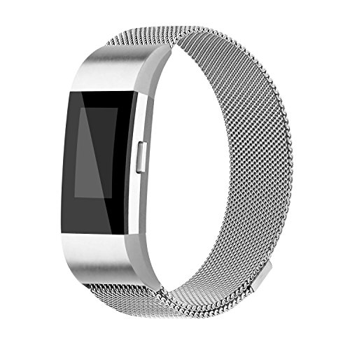 Book Cover iGK Replacement Bands Compatible for Fitbit Charge 2, Stainless Steel Metal Bracelet with Unique Magnet Clasp Silver Large