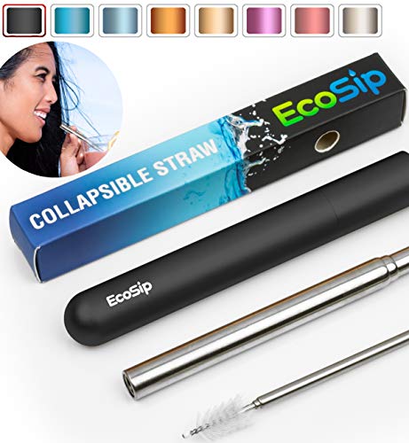 EcoSip Collapsible | Telescopic Drinking Straw Metal Stainless Steel Reusable | Portable Final Straw Folding Straws Travel | Cleaning Brush Key Ring Hard Case | Silicone Tip | Black