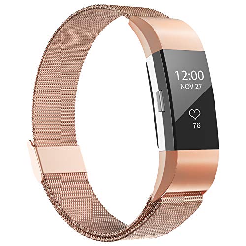 iGK Replacement Bands Compatible for Fitbit Charge 2, Stainless Steel Metal Bracelet with Unique Magnet Clasp Rose Gold Small