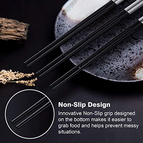 Omia 10 Pairs Fiberglass Chopsticks - Reusable Chopsticks Dishwasher Safe Chopsticks Alloy Chop Sticks Utensil Gift Set (Modern Design 6 - Black/Silver)