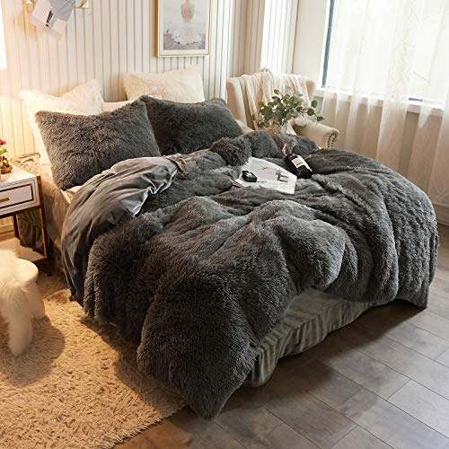 Book Cover XeGe Plush Shaggy Duvet Cover, Luxury Ultra Soft Crystal Velvet Fuzzy Bedding 1PC(1 Faux Fur Duvet Cover), Fluffy Furry Comforter Cover with Zipper Closure(King, Dark Gray)