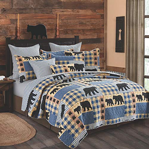 Book Cover Virah Bella 3 Piece King Lodge Quilt Bedding Set - Black Bear Plaid - Rustic Cabin Country Reversible Camping Comforter Set with Decorative Pillow Shams, Blue/Black