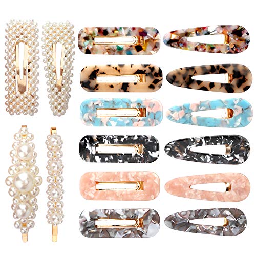 Hair Clips 16 PCS, OYRGCIK 4 PCS Pearls Hair Clips & 12 PCS Acrylic Resin Hair Barrettes Fashion Geometric Alligator Hair Pins for Women Ladies Girls Hair Bows Headwear Styling Hair Tools Accessories