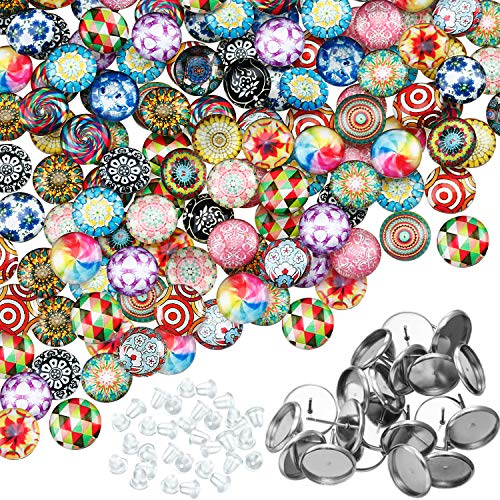 200 Pieces 12 mm Mosaic Printed Glass Dome Cabochons Mosaic Tiles 20 Patterns with 20 Pieces Stainless Steel Stud Earring for Jewelry Making, DIY Craft