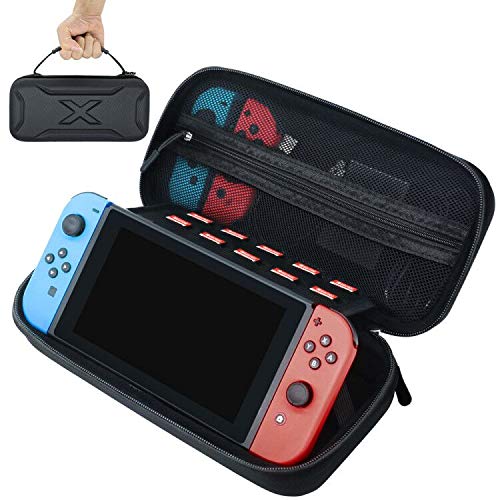 Book Cover FOJOJO Larger Carrying Case for Nintendo Switch and Charging Adapter - with 20 Game Cartridges, Protective Hard Shell Storage Case for Nintendo Switch Console & Accessories with Holder Design