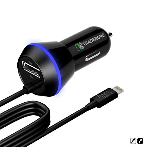 TradeBone Apple MFI Certified iPhone Car Charger, Lighting Car Charger for iPhone X, XR, XS, 8, 8 Plus, 7, 7 Plus 6S / 6S Plus, 6 Plus, SE iPad Pro, Air 2, Mini 4 with Extra USB Port (Black)