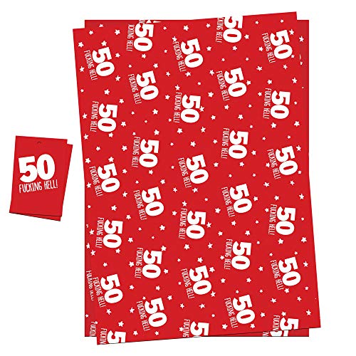 Book Cover 50th Birthday Wrapping Paper Gift Wrap & Tags For Men Women Funny Adult Theme Pack 2 Sheets (NOT ROLL) + 2 Tags & String