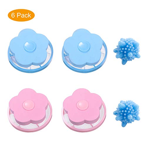 Pet Fur Remover Hair Catcher Pouch Flower Floating lint mesh Bag Reusable Washing Machine Filter net lint Trap with Laundry Ball (6 Pack)
