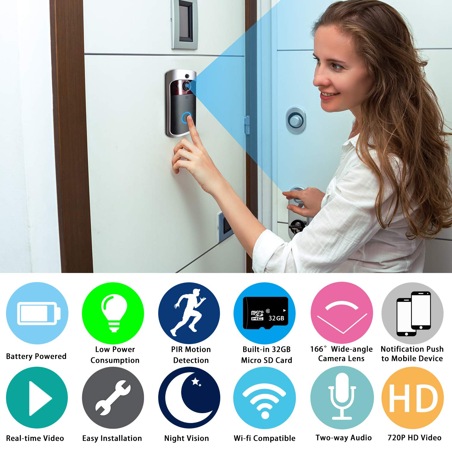 Video Doorbell Camera (Upgraded) with Ring Chime (All in One),Wi-Fi with PIR Motion Detection,Waterproof,Wide Angle,Night Vision,Real-Time Notification,Two-Way Talk,32GB SD Card,3 Batteries, USB Cable