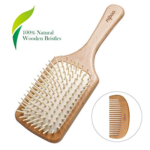 Nipoo Natural Wooden Paddle Detangling Hair Brush for Women, Men and Kids - Designed for All Hair Types - Wooden Comb and Gift Bag Included