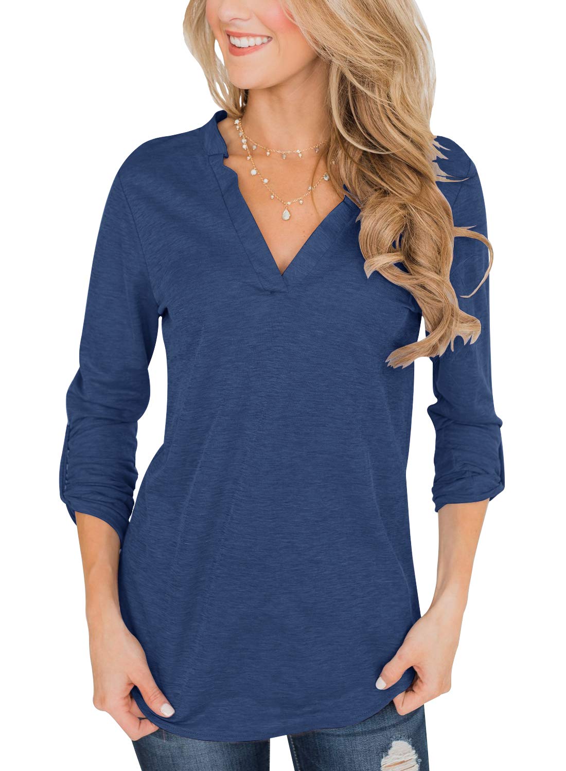 Topstype Womens 3/4 Sleeve Tunic Tops V Neck Work Casual T Shirt Small 1-blue