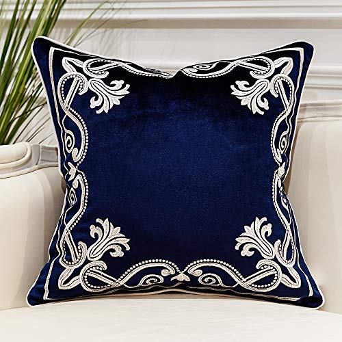 Book Cover Avigers 20 x 20 Inch European Cushion Cover Luxury Velvet Home Decorative Embroidery Petunias Pillow Case Pillowcase for Sofa Chair Bedroom Living Room, Navy Blue