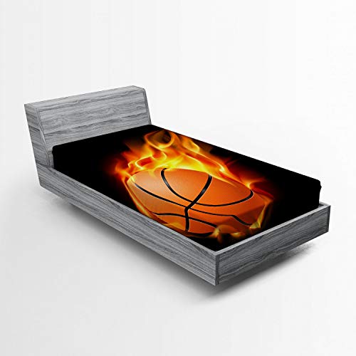 Book Cover Ambesonne Sports Fitted Sheet, Basketball Lover Ball on Fire Speed Fireball Shoot Hoops Kids Sporty Fun Art Print, Bed Cover with All-Round Elastic Deep Pocket for Comfort, Twin Size, Black Orange
