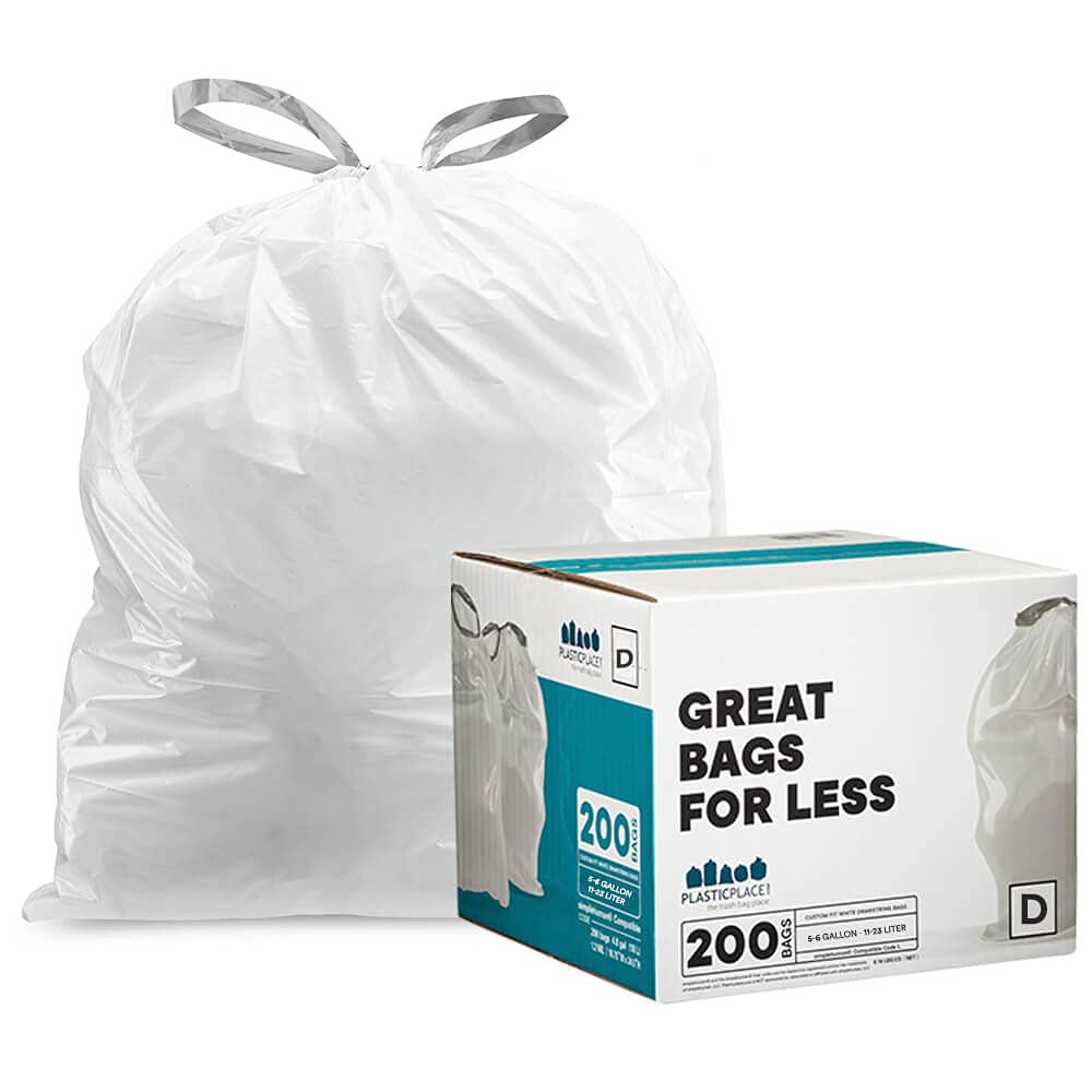 Book Cover Plasticplace Custom Fit Trash Bags │ simplehuman (x) Code D Compatible (200 Count) │ White Drawstring Garbage Liners 5.3 Gallon / 20 Liter │ 15.75