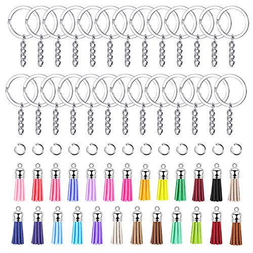 JEWMAY 100Pcs Keychain Tassels Split Key Chain Rings with Chain Leather Tassel and Jump Rings Bulk for Crafts Supplies