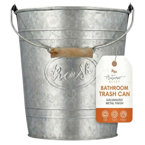 Autumn Alley Galvanized Trash Can | Small Bathroom Waste Bin | Embossed Rings, Oval Label and Turned Wood Handle add Farmhouse Warmth and Charm