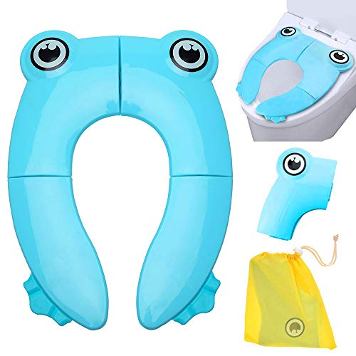 Folding Large Non-Slip Potty Training Seat for Boys and Girls, Travel Portable Reusable Toddlers Toilet Seat Covers Liners Fits Round & Oval Toilets with Carry Bag(Blue)