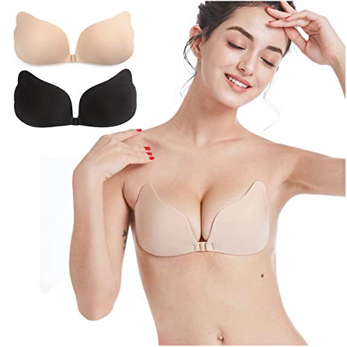 Strapless Adhesive Bra 2 Pack Backless Sticky Bra Invisible Push up Bra for Low Cut Deep-V Wedding Prom Dress (D,BlackNude)
