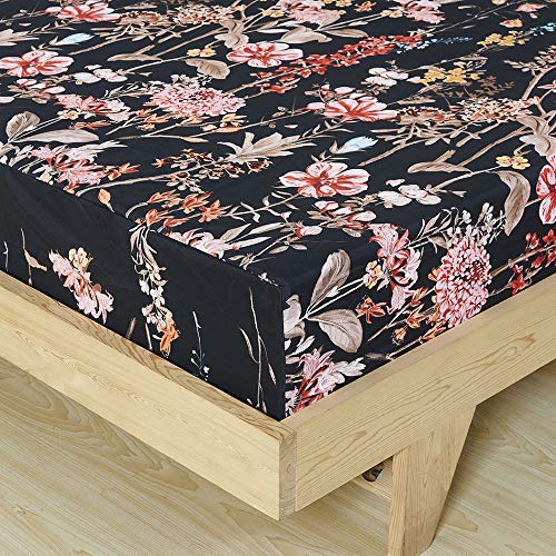 YEPINS Microfiber Fitted Sheet(No Flat Sheet), 3 Piece (1 Fitted Sheet and 2 Pillowcases), Print Floral/Branch Pattern Design, Black Color- Full Size