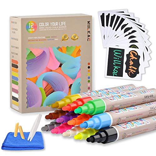 Erasable Liquid Chalk Markers, (12 Pack 6mm) Neon Chalkboard Markers Erasable Pens for Bistro Boards, Blackboard, Glass, Cleaning Cloth, 24 Chalkboard Labels, Reversible Bullet and Chisel Tip