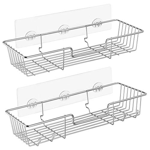 Book Cover iPEGTOP Adhesive Shower Caddy Bathroom Shelf Storage with Hooks for Shampoo Conditioner Holder Kitchen Organizer Basket, No Drilling Wall Mounted, Rustproof Stainless Steel, 2 Pack