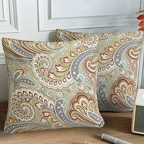 Softta Paisley Floral Design Throw Pillow Cover Zipper Closure 800 TC 100% Egyptian Cotton (2-Pack NO Comforter NO Filling) Decorative Pillow Case Home Soft (24x24 inch) Khaki