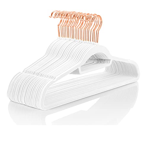 MIZGI Premium Velvet Hangers - Pack of 50 - White - Copper/Rose Gold Hooks - Non-Slip Suit Hangers, Clothes Hangers Bonus Accessory Bar for Suits, Pants, Dresses