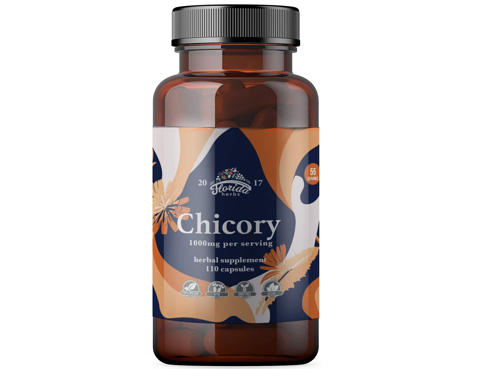 FLORIDA HERBS Chicory Root Fiber Supplement 1000 mg, Certified Organic Chicory Root Capsules (Cichorium Intybus), Inulin Supplement 110 Fiber Pills