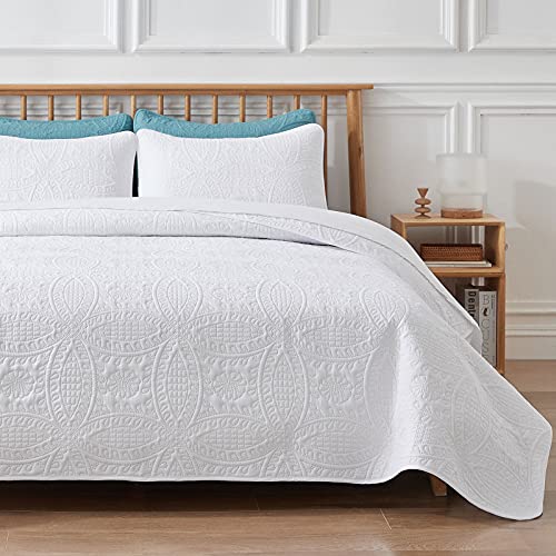 Book Cover VEEYOO 3 Pieces Bedspread California King - Ultrasonic Embossing Lightweight Quilt Set, Soft Microfiber Reversible Coverlet for All Seasons (White, 1 Bedspread, 2 Shams)