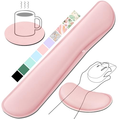Gimars Upgrade Cleanable PU Leather Keyboard Wrist Pillow Rest Pad, Enlarge Mouse Wrist Cushion Support for Office, Computer, Laptop, Mac, Durable, Comfortable, Pain Relief, Pink