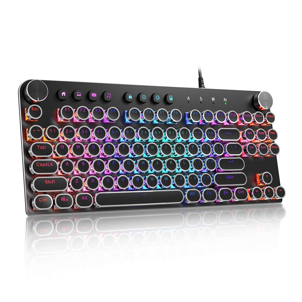 STOGA Mechanical Keyboard, 87 Keys Brown Switch RGB Keyboard with Media Control Knobs, Retro Round Keys Gaming Keyboard, Black