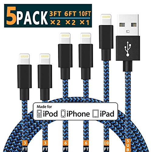 iphone charger cable Â Lightning Cable iPhone fast charging cord 3 ft 6ft 10 ft pack Compatible with iPhone XS MAX XR X 8 8 Plus 7 7 Plus 6s 6s Plus 6 6 Plus MFi Certified Nylon Braided USB Charging KA