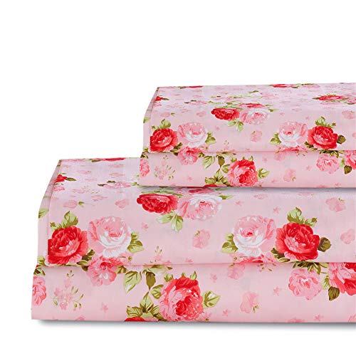 Book Cover Rose Floral Sheet Set Queen Size Plaid Rose Sheets Deep Pocket Bed Sheets Flat Sheet& Fitted Sheet& Pillowcases 100% Microfiber 4PCS Pink Queen