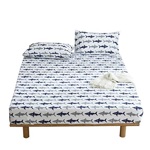 Book Cover BuLuTu Navy Blue/Grey Shark Print Deep Pocket Fitted Bed Sheet Twin Cotton White-Breathable, Durable and Comfortable,Premium Single Bottom Fitted Sheet ONLY,No Pillowcases