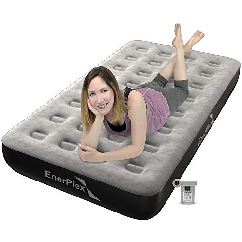 EnerPlex Never-Leak Camping Series Twin Camping Airbed with High Speed Pump Luxury Twin Size Air Mattress Single High Inflatable Blow Up Bed for Home Camping Travel 2-Year Warranty â€“ Grey/Black