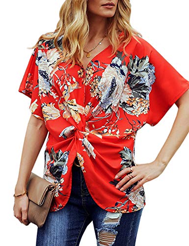 Koscacy Womens Summer Fashion Floral Blouses Short Sleeve V Neck Twisted Shirts