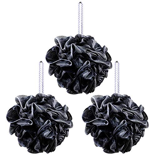 Loofah,Bath Sponge,Extra Large 75g Body Scrubber,Charcoal Fiber Shower Puff for Deeply Exfoliating,Cleanse,Soothe Skin,Black Mesh Puff Perfect for Men and Women(Set of 3)