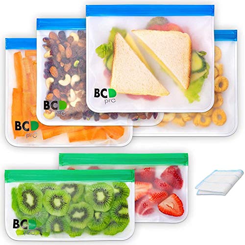 Reusable Storage Bags - High Quality 6 Pack (4 Sandwich and 2 Snack) Durable Double Ziplock Extra Thick Leakproof Freezer Easy to Clean BPA and PVC free Baggies for Food Lunch Travel Kitchen School