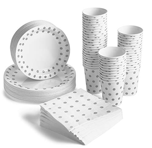 Book Cover 200 Pcs Serves 50, Silver Party Supplies Set | Disposable | Not Flimsy Plates Or Leaky Cups | Polka Dot Disposable Paper Dinnerware | Includes Dinner Plates, Dessert Plates, Cups & 3-Ply Napkins