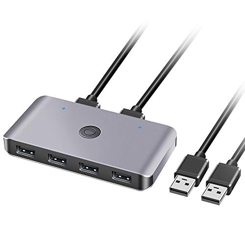 Rocketek USB Switch, USB Sharing Switch for 2 Computers Sharing 4 USB 2.0 Ports, KVM Switches for PCs with One-Button Swapping and 2 Pack USB Cable