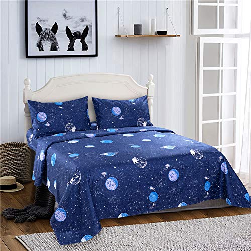 Book Cover Bedlifes Space Sheets for Kids Boys Girls Outer Space Stars Bed Sheets Flat Sheet& Fitted Sheet with Pillowcase 3PCS Navy Twin