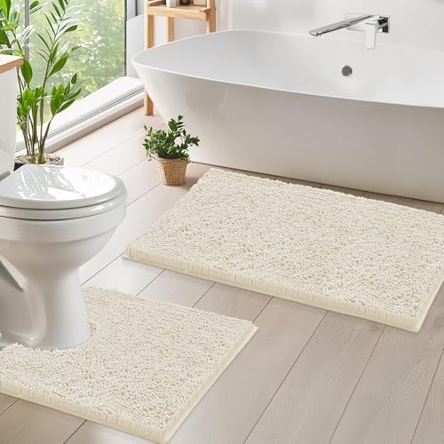 LuxUrux Bathroom Rugs Sets 2 Piece: Quick Dry, Soft Plush Anti-Slip, Super Absorbent. Includes Rectangular (31x20 inches) & U-Shaped Toilet Mat (20x20 inches) | Cream