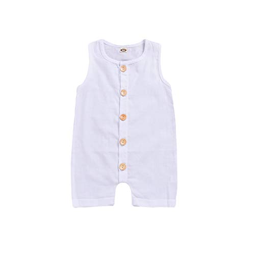 Aalizzwell Baby One Piece Outfits Toddler Sleeveless Romper Jumpsuits Pants Solid White Playsuit with Button Cotton Clothing (White, 18-24Months)
