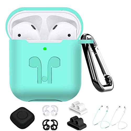 AirPods Case Compatible Apple Airpods 2&1 , 9 in 1 Airpods Accessories Kits Protective Silicone Cover and Skin with Earpods Watch Band Holder/Ear Hook/Strap/Clip/Keychain/Grip[LED Visible]-Green