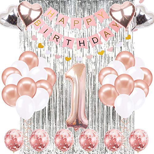 1st Birthday Girl Decoration, Girls First Birthday Decoration with Happy Birthday Banner, Number 1 Balloons for Pink and Gold Party Supplies Decoration 1st birthday