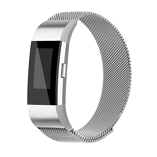 Book Cover iGK Replacement Bands Compatible for Fitbit Charge 2, Stainless Steel Metal Bracelet with Unique Magnet Clasp Silver Small