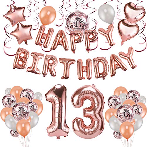 Konsait 59pack Rose Gold 13th Birthday Decorations for Women Girls 13 Birthday Party Supplies| Happy Birthday Balloon Banner Rose Gold Hanging Swirls Confetti Latex Balloons Star Foil Balloons