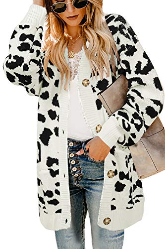 Ashuai Womens Leopard Long Cardigan Sweaters Oversized Open Front Chunky Knit Button Down Loose Coat with Pockets