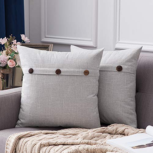 Book Cover MIULEE Set of 2 Decorative Linen Throw Pillow Covers Cushion Case Triple Button Vintage Farmhouse Pillowcase for Couch Sofa Bed 18 x 18 Inch 45 x 45 cm Greyish White
